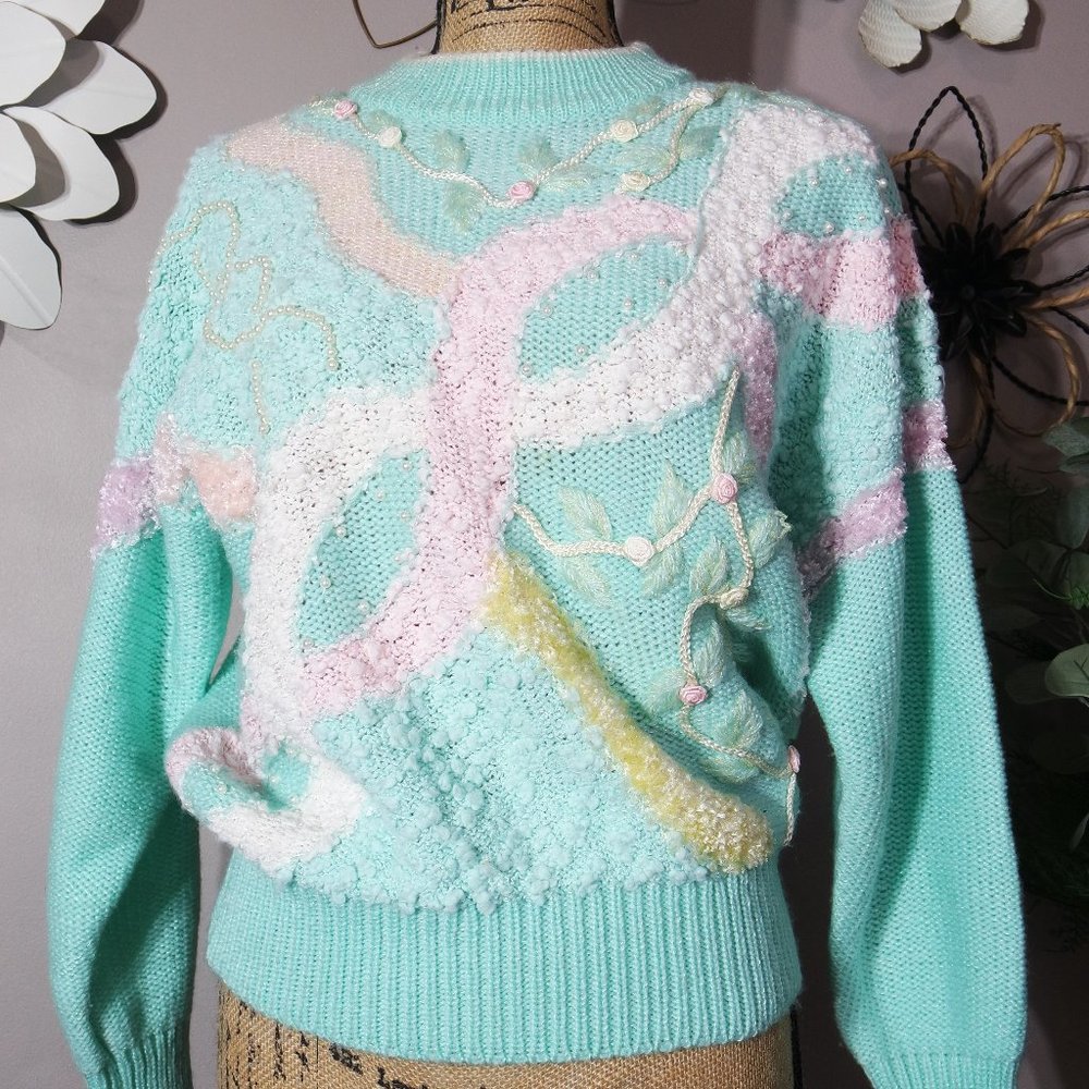 Vintage JACLYN SMITH 80s Beaded Embellished Pastel Green Knit Pullover Sweater